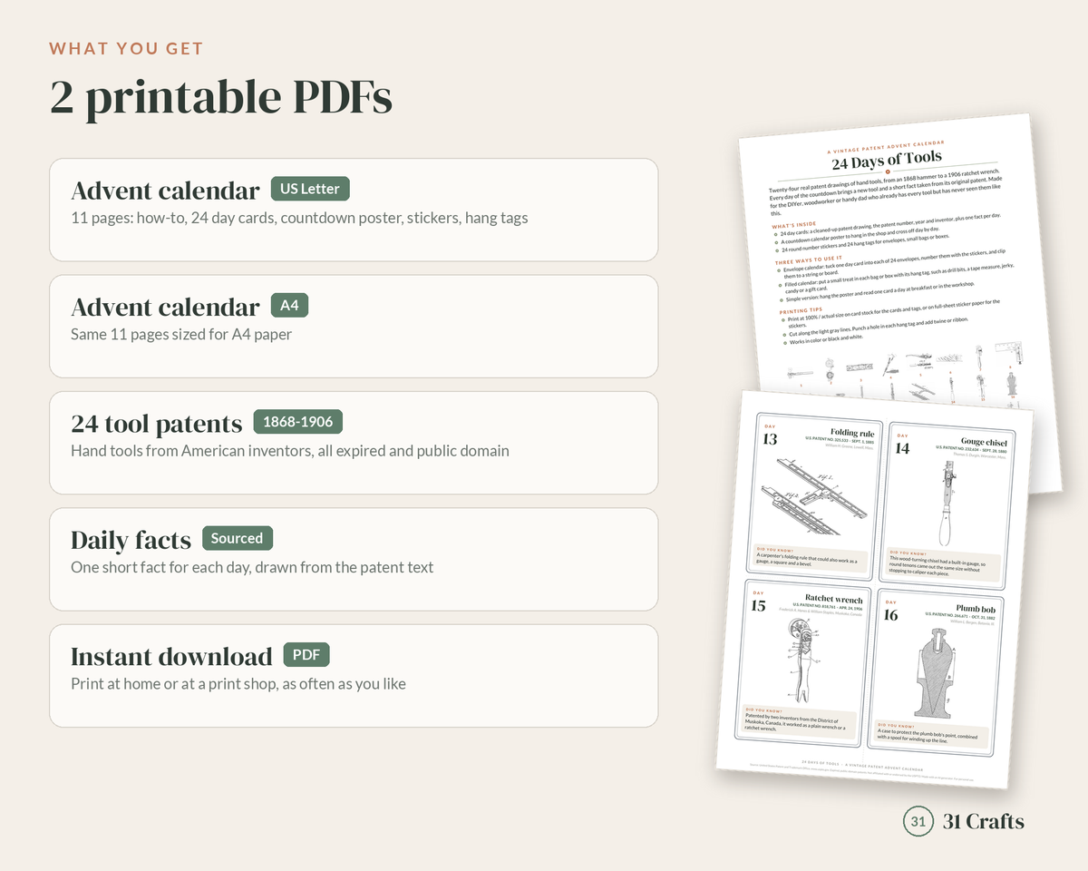 Tool Advent Calendar Printable, 24 Days of Tools with Vintage Patent Drawings, Christmas Countdown for Dad, Woodworker & DIYer