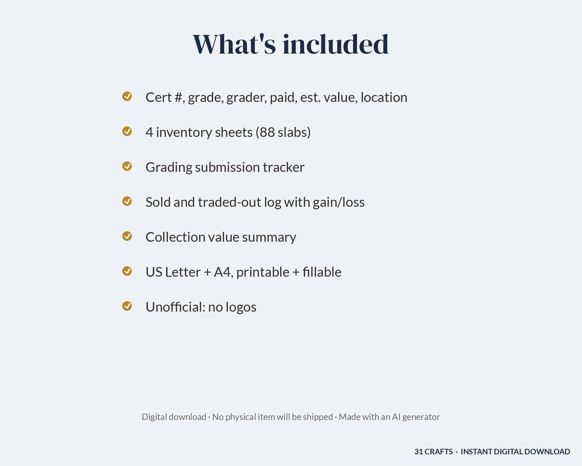 Graded Card Slab Inventory Log, Printable Card Collection Tracker, Grading Submission Log, Fillable PDF