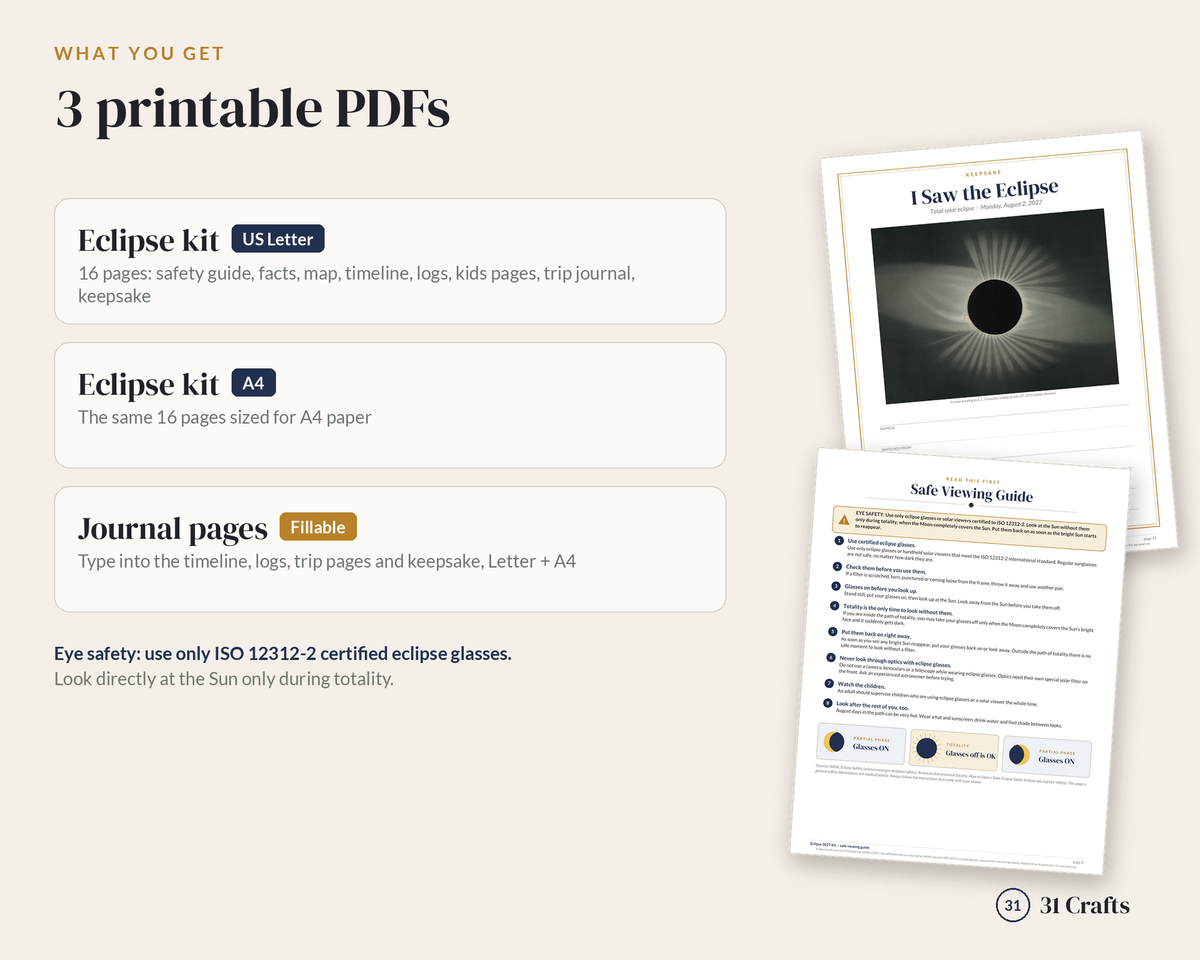 Eclipse 2027 Printable Kit: Total Solar Eclipse Log, Kids Pages, Trip Journal, Totality Map