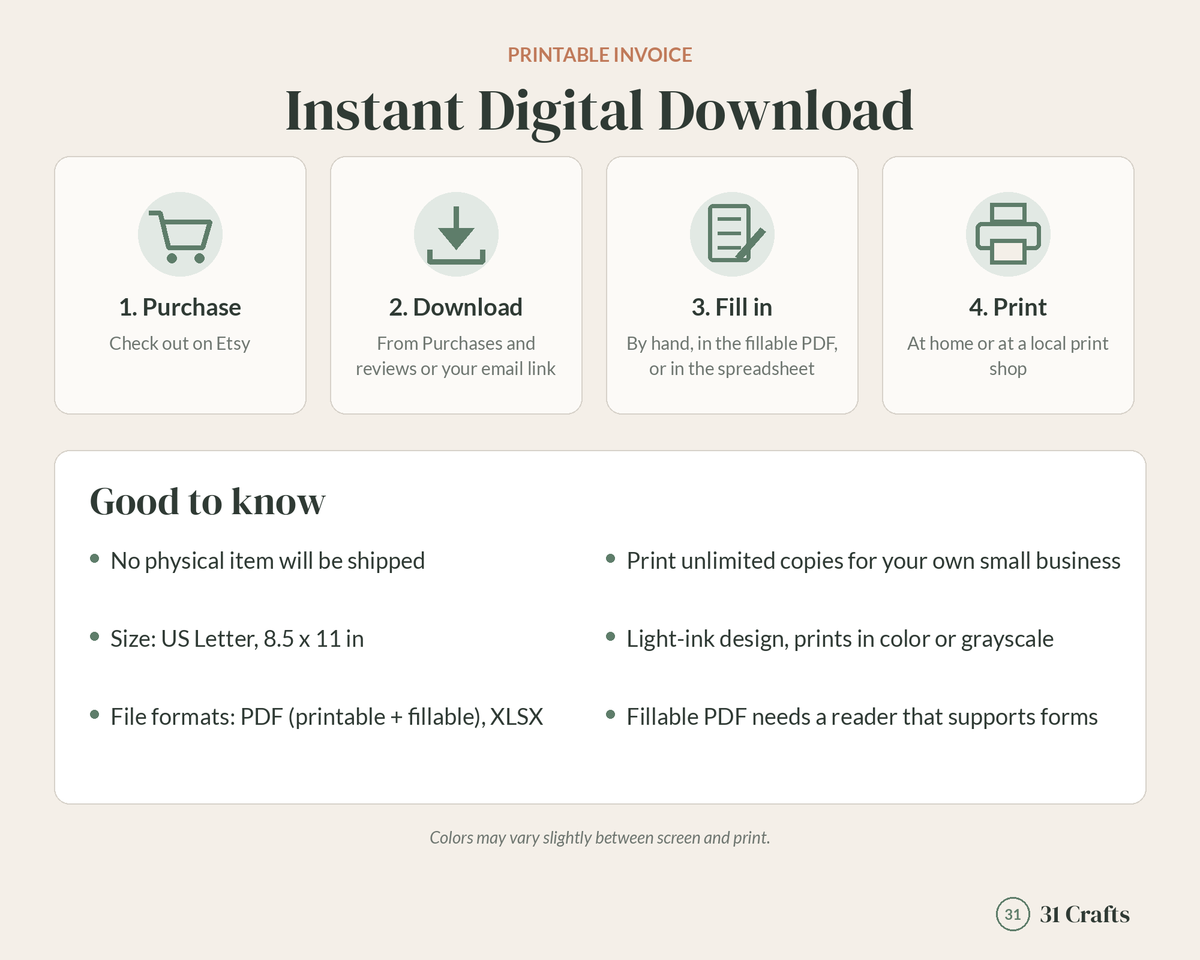 Printable Invoice Template for Small Business, Fillable PDF Invoice, Editable Spreadsheet, Craft Business Invoice, Handmade Seller Form