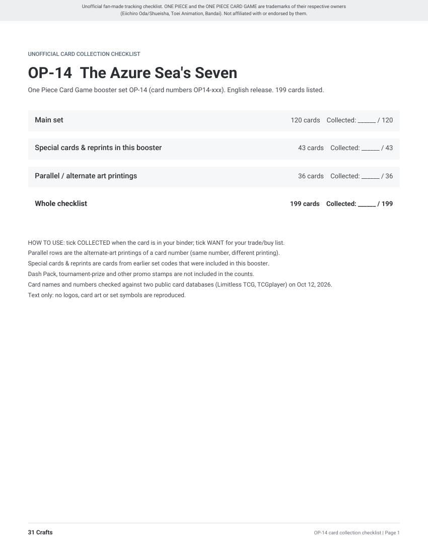 OP-14 The Azure Sea's Seven Card Checklist, Printable PDF for One Piece Card Game Collectors, Unofficial OP14 Set List