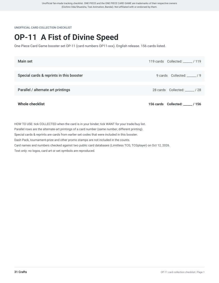 OP-11 A Fist of Divine Speed Card Checklist, Printable PDF for One Piece Card Game Collectors, Unofficial OP11 Set List