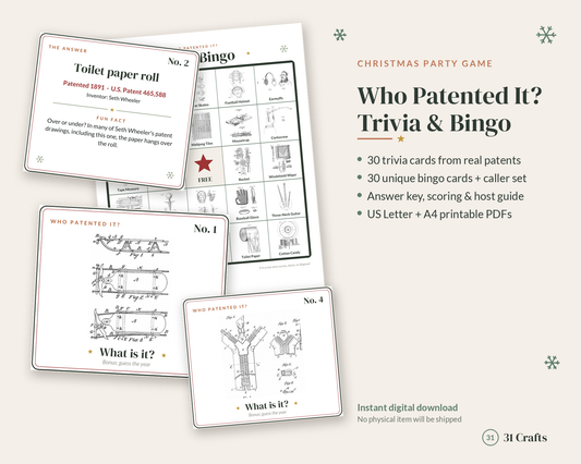 Who Patented It Christmas Trivia and Bingo Printable, Family Party Game with Real Patent Drawings, Holiday Game Night PDF