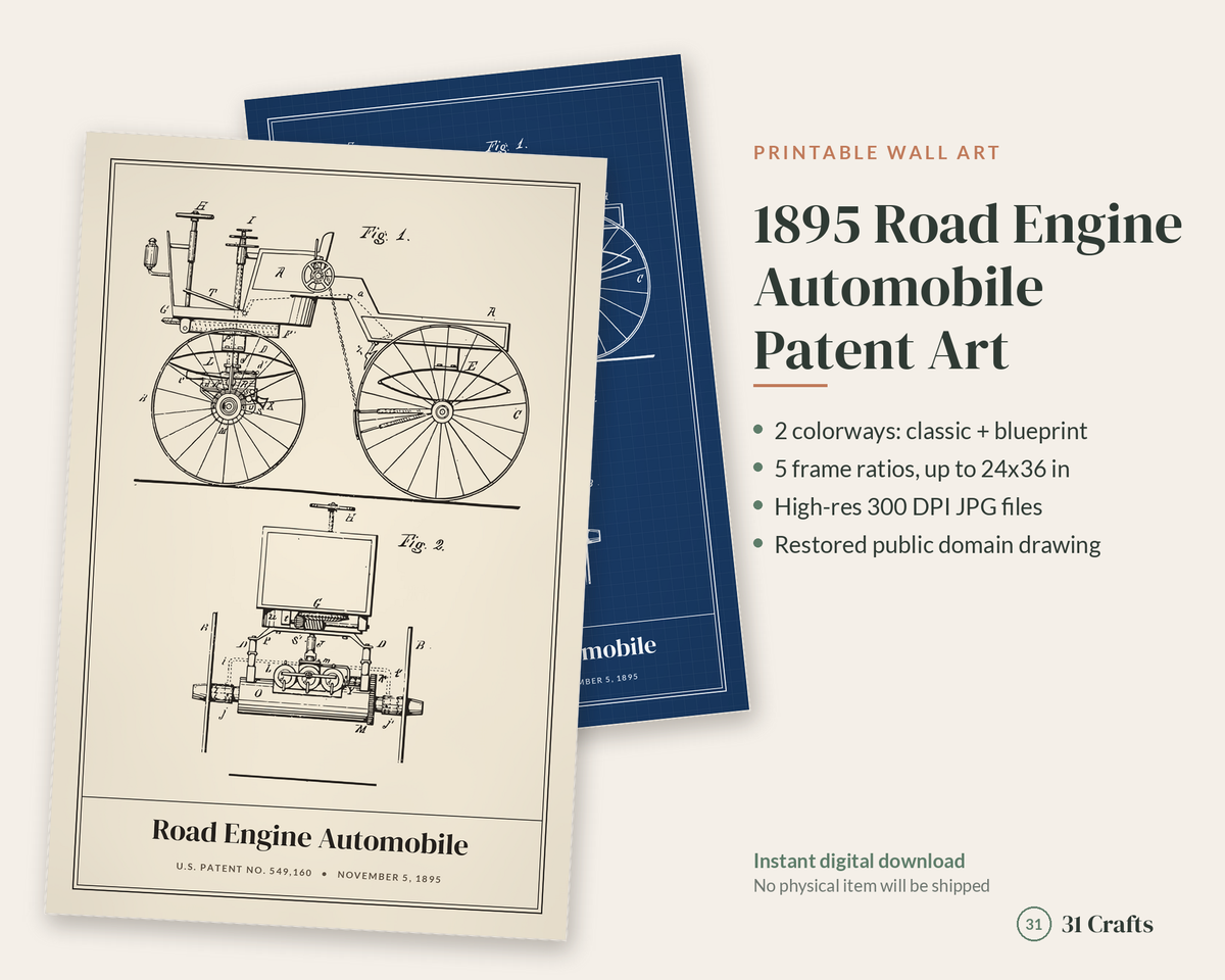 1895 Road Engine Automobile Patent Print, Car Blueprint Wall Art, Printable Car Lover Gift