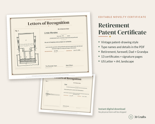 Retirement Patent Certificate Editable, Vintage Inventor Award for Coworker Farewell, Dad & Grandpa, Fillable PDF Gift