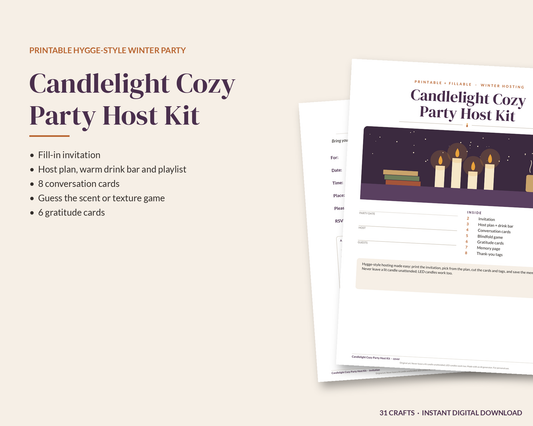 Candlelight Cozy Party Host Kit, Hygge Party Printable, Winter Game Night Invitation, Conversation Cards, Blindfold Game