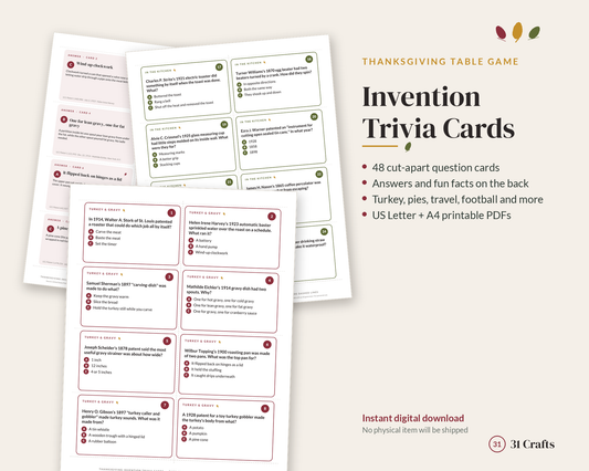 Thanksgiving Trivia Cards Printable, 48 Invention Trivia Questions, Family Dinner Table Game, Vintage Patent PDF