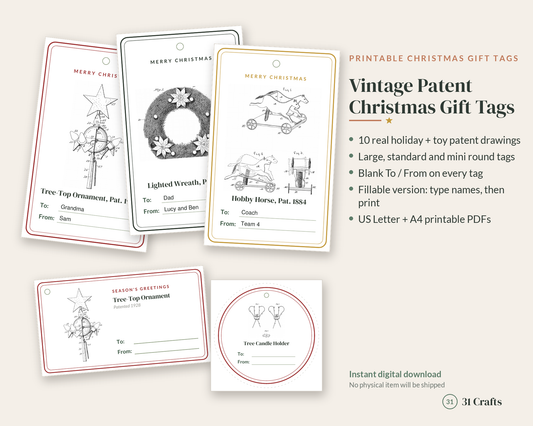 Vintage Patent Christmas Gift Tags Printable, Editable To From Tags with Old Toy & Holiday Drawings, Instant Download PDF