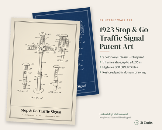 1923 Traffic Signal Patent Print, Stop and Go Blueprint Wall Art, Printable Driver Gift