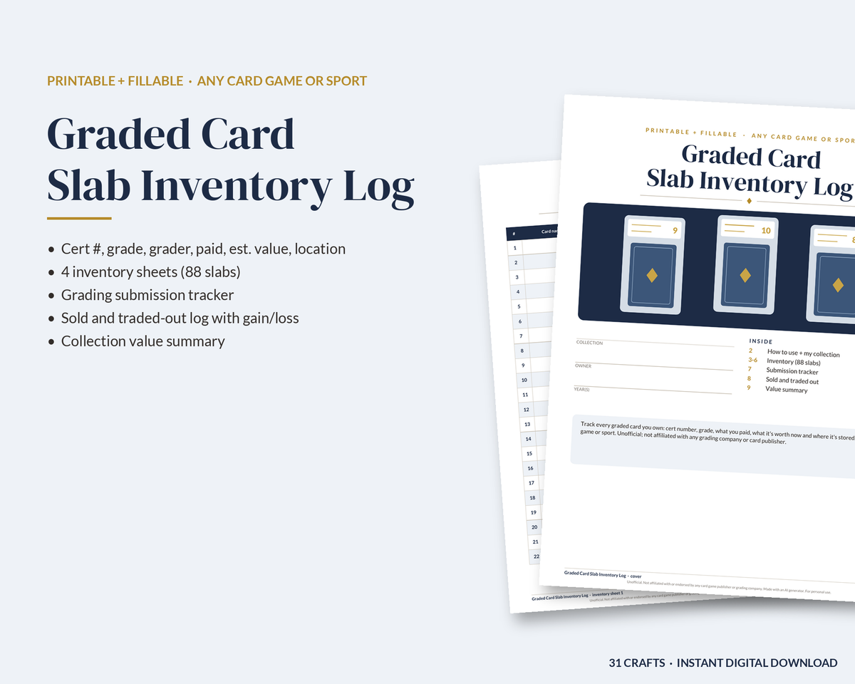Graded Card Slab Inventory Log, Printable Card Collection Tracker, Grading Submission Log, Fillable PDF