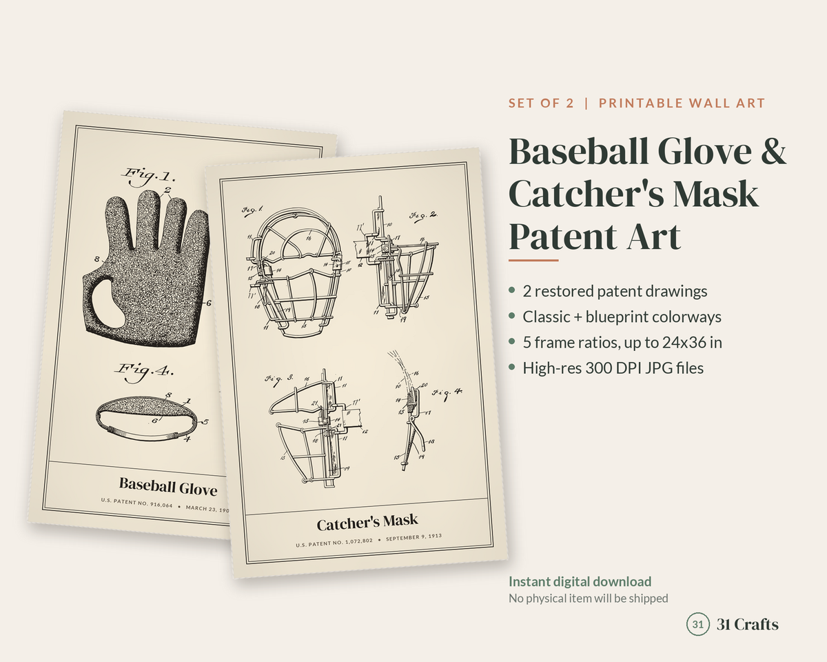 Baseball Glove & Catcher's Mask Patent Prints, Set of 2, Printable Baseball Fan Gift