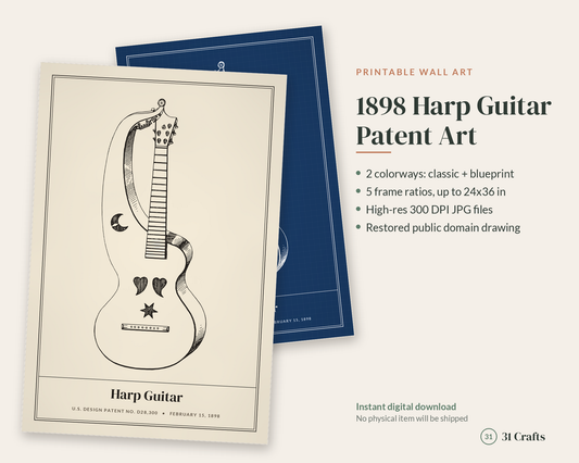 1898 Harp Guitar Patent Print, Vintage Blueprint Music Wall Art, Printable Luthier Gift