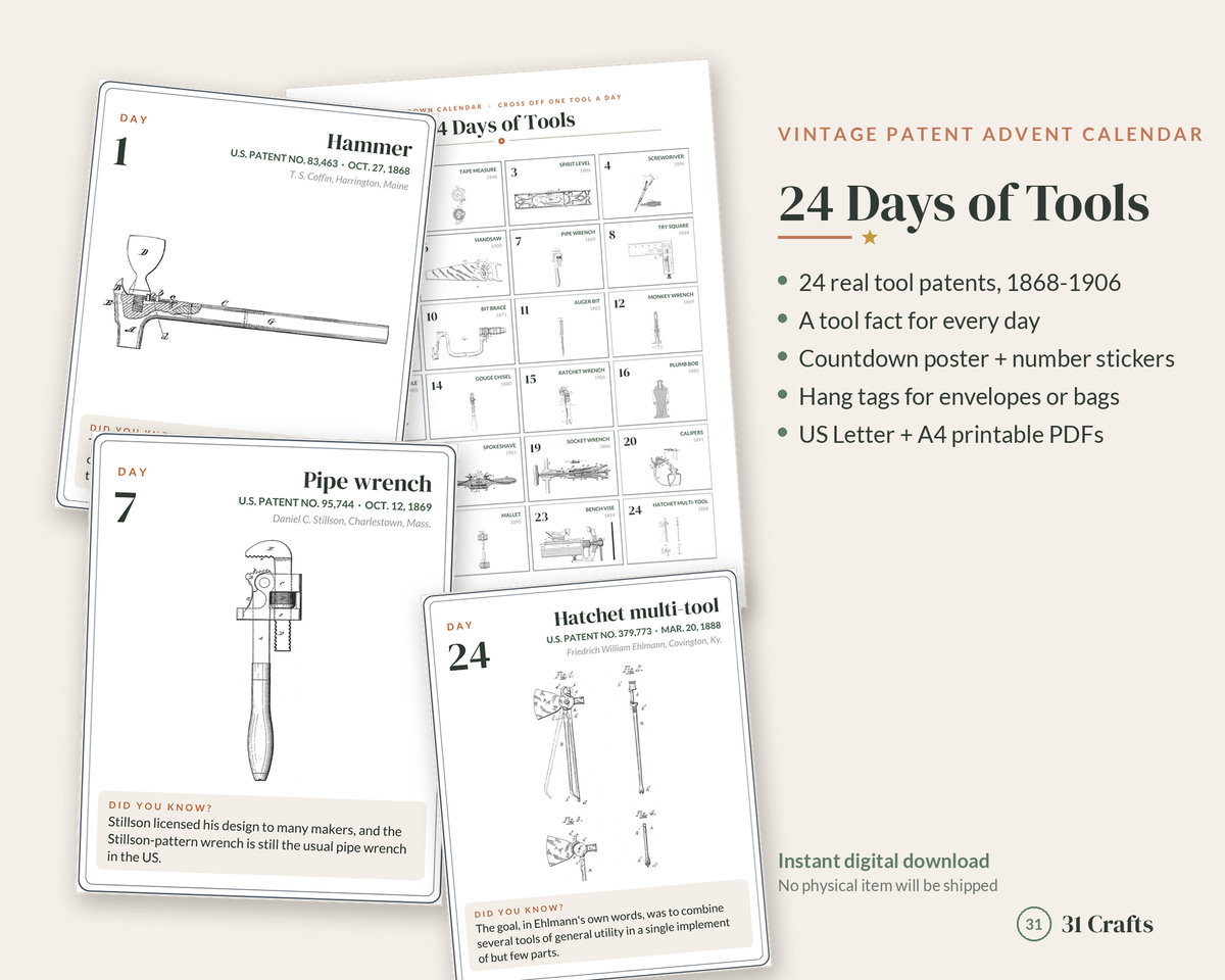 Tool Advent Calendar Printable, 24 Days of Tools with Vintage Patent Drawings, Christmas Countdown for Dad, Woodworker & DIYer