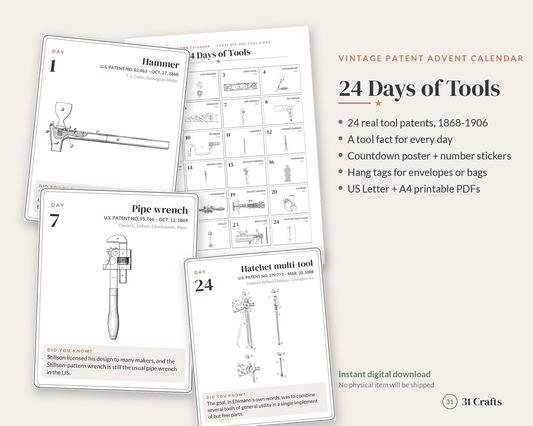 Tool Advent Calendar Printable, 24 Days of Tools with Vintage Patent Drawings, Christmas Countdown for Dad, Woodworker & DIYer