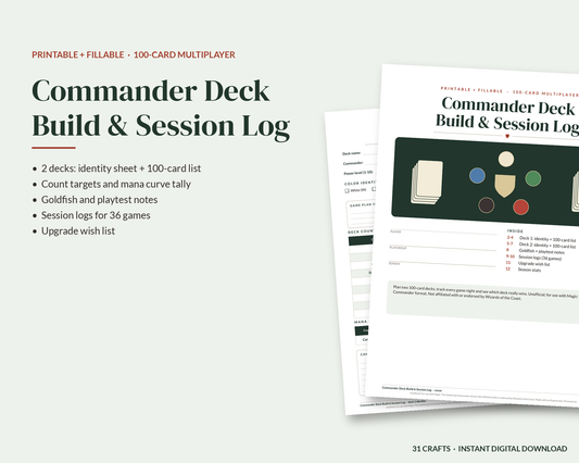 Commander Deck Build and Session Log, Printable 100 Card Deck Tracker, Game Night Journal, Fillable PDF