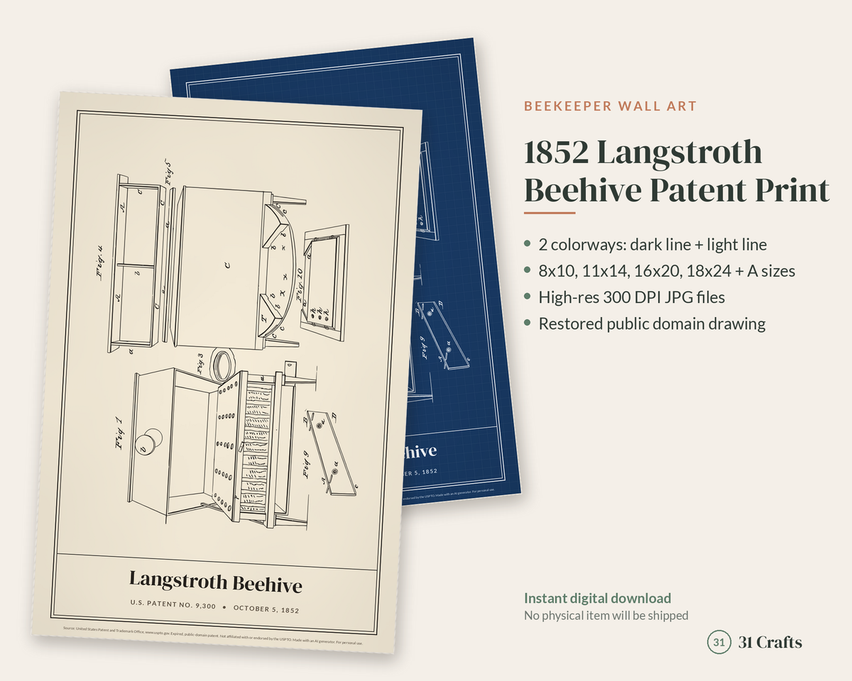 Langstroth Beehive Patent Print, 1852 Beekeeper Wall Art, Vintage Bee Hive Blueprint Poster, Printable Gift for Beekeepers