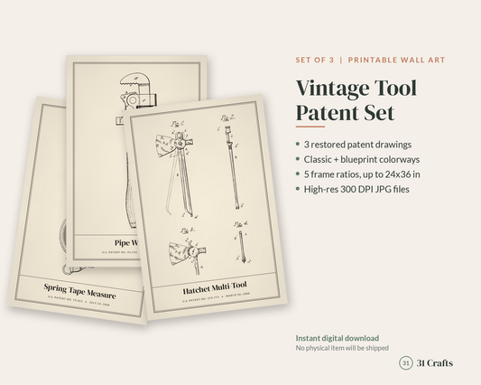 Vintage Tool Patent Print Set of 3, Workshop Blueprint Wall Art, Printable Dad Gift