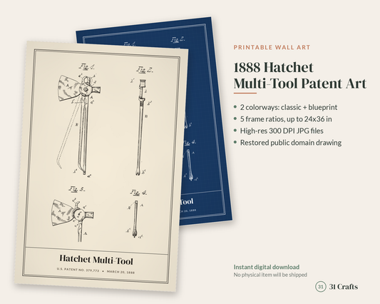 1888 Hatchet Multi Tool Patent Print, Vintage Blueprint Wall Art, Printable Woodsman Gift