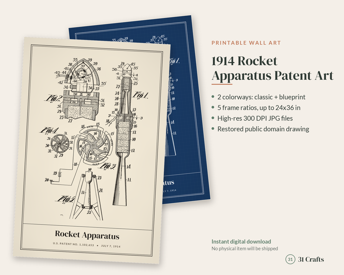 1914 Rocket Patent Print, Space Blueprint Wall Art, Printable Space Lover Gift, STEM Decor