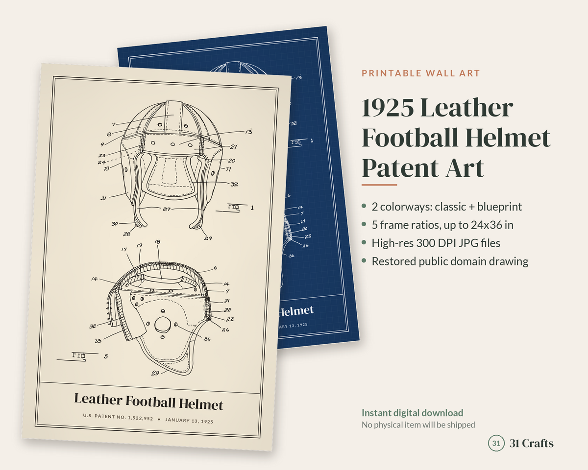 1925 Football Helmet Patent Print, Leather Helmet Wall Art, Printable Football Fan Gift
