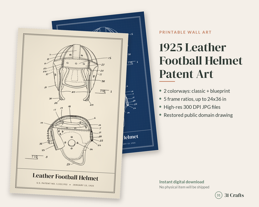 1925 Football Helmet Patent Print, Leather Helmet Wall Art, Printable Football Fan Gift