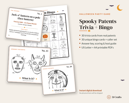 Spooky Patents Halloween Trivia and Bingo Printable, Party Game with Vintage Patent Drawings, PDF