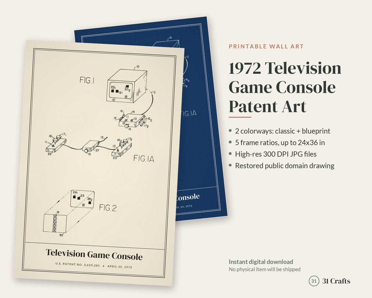 1972 TV Game Console Patent Print, Retro Gaming Wall Art, Printable Gamer Gift
