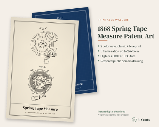 1868 Tape Measure Patent Print, Vintage Tool Blueprint Wall Art, Printable Carpenter Gift