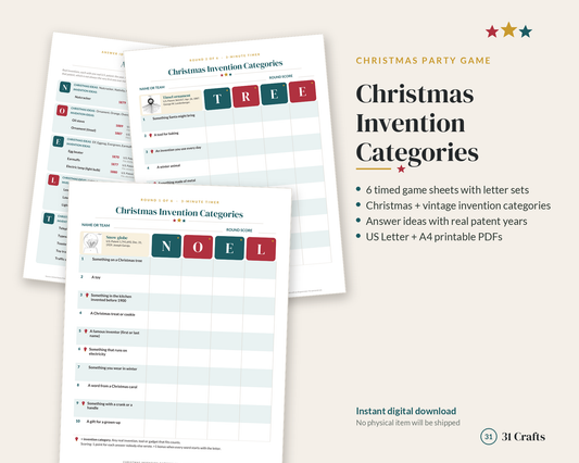 Christmas Invention Categories Game Printable, Holiday Party Word Game, Vintage Patent Inventions, Family PDF