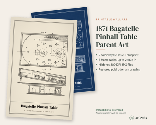 1871 Pinball Bagatelle Patent Print, Game Room Wall Art, Printable Arcade Lover Gift