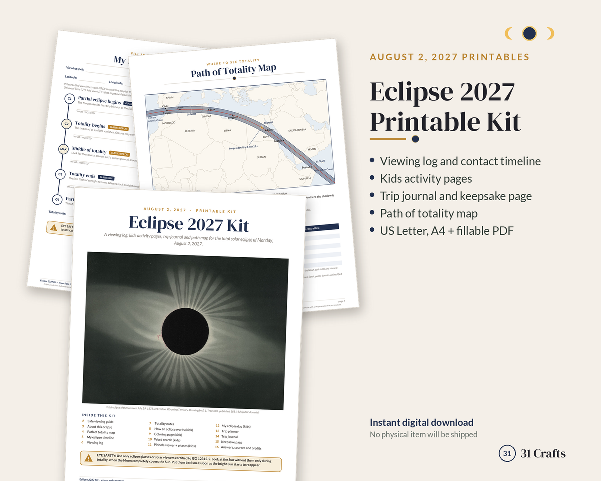 Eclipse 2027 Printable Kit: Total Solar Eclipse Log, Kids Pages, Trip Journal, Totality Map