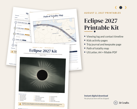 Eclipse 2027 Printable Kit: Total Solar Eclipse Log, Kids Pages, Trip Journal, Totality Map