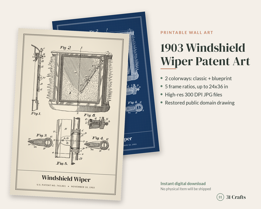 1903 Windshield Wiper Patent Print, Vintage Car Blueprint Wall Art, Printable Mechanic Gift