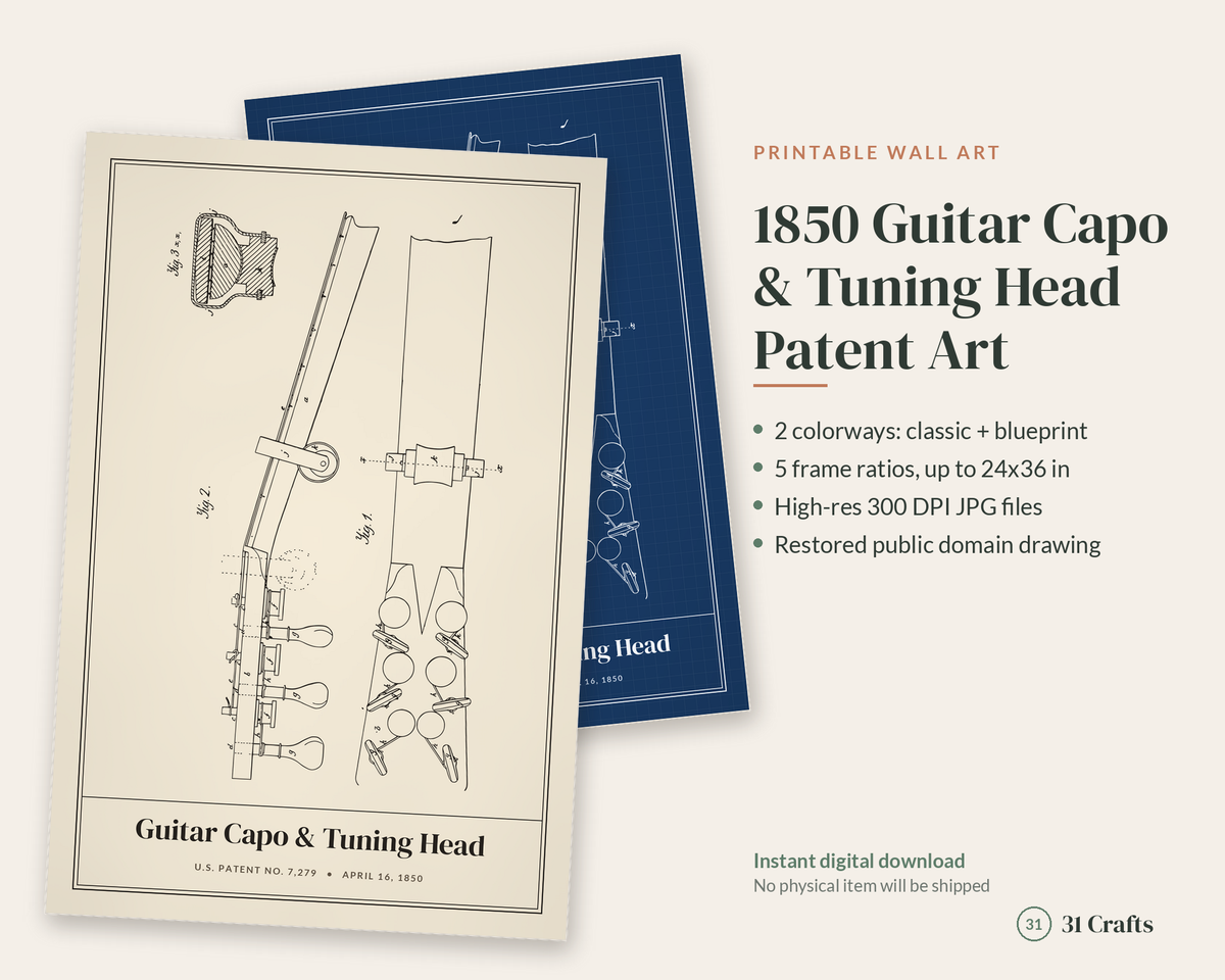 1850 Guitar Capo Patent Print, Vintage Blueprint Music Wall Art, Printable Guitarist Gift