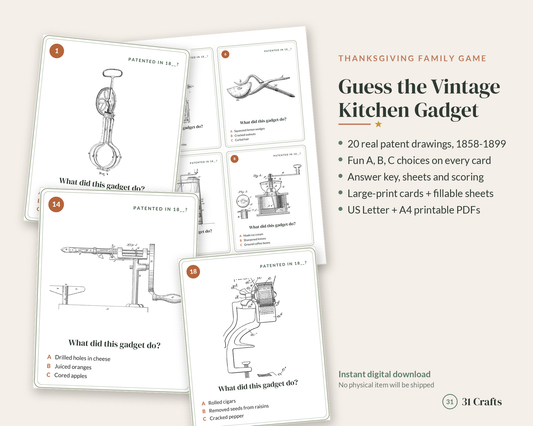 Guess the Vintage Kitchen Gadget Game, Printable Thanksgiving Family Game with Real Patent Drawings, Answer Key & Score Sheets