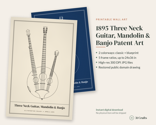 1895 Three Neck Guitar Patent Print, Banjo Mandolin Blueprint Wall Art, Printable Music Gift