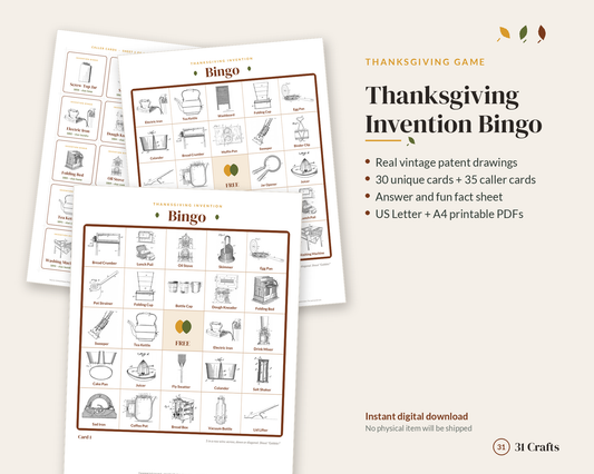 Thanksgiving Invention Bingo Printable, 30 Unique Cards, Vintage Kitchen Patent Drawings, Family Game PDF