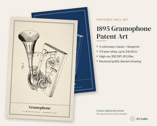 1895 Gramophone Patent Print, Record Player Wall Art, Printable Vinyl Lover Gift