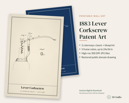 1883 Corkscrew Patent Print, Home Bar Wall Art, Printable Wine Lover Gift