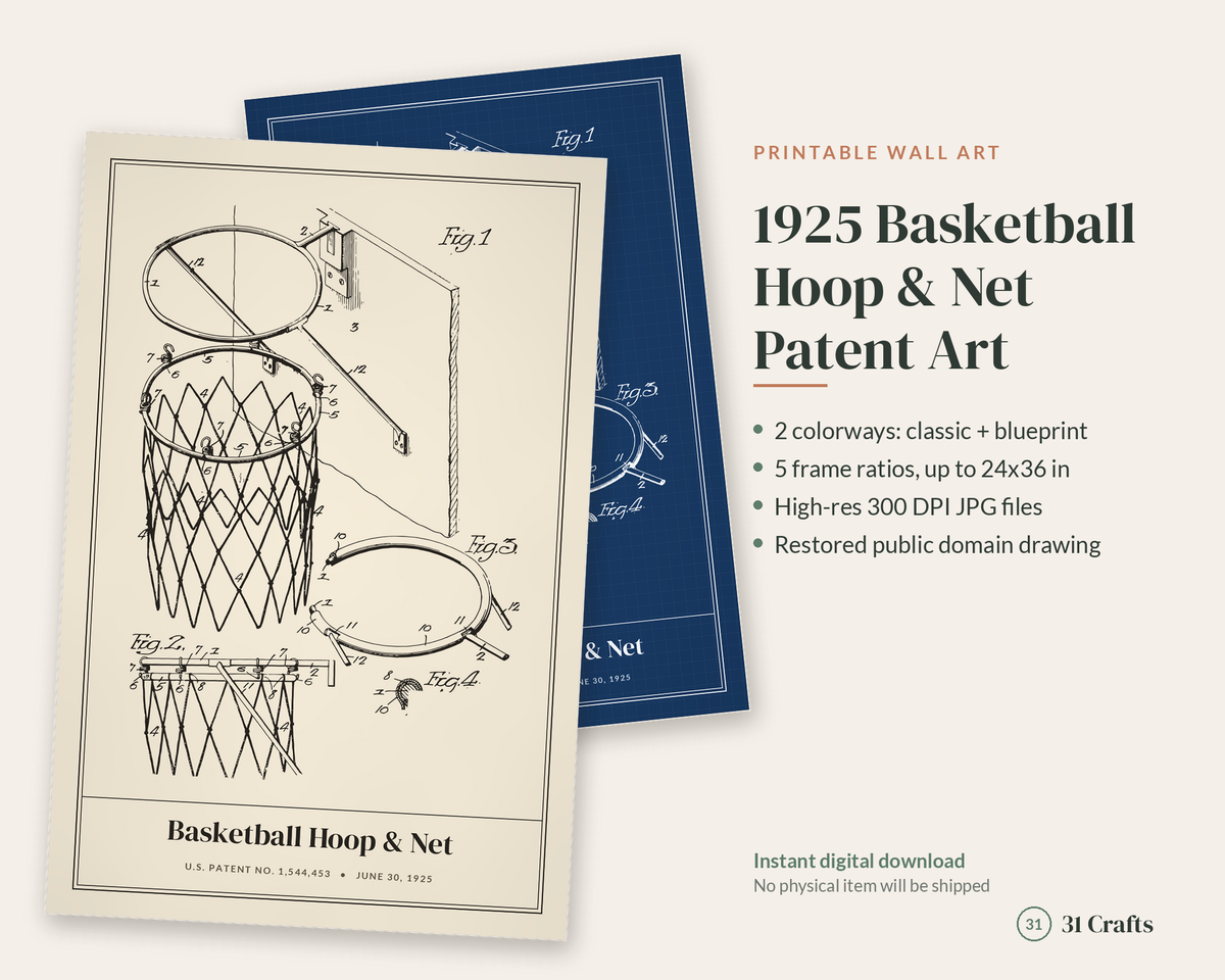1925 Basketball Hoop Patent Print, Basketball Net Wall Art, Printable Basketball Fan Gift