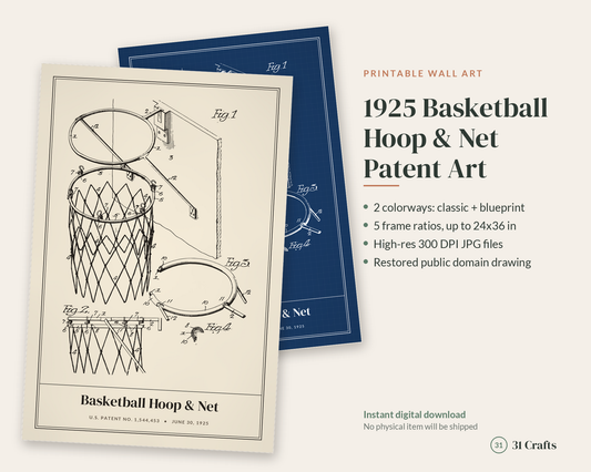 1925 Basketball Hoop Patent Print, Basketball Net Wall Art, Printable Basketball Fan Gift