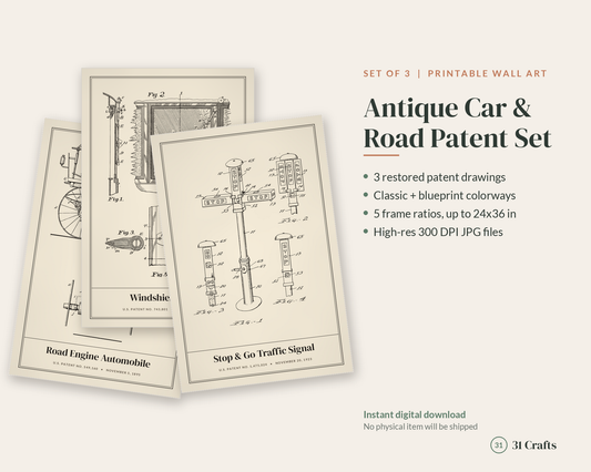 Antique Car Patent Print Set of 3, Automobile Blueprint Wall Art, Printable Garage Decor