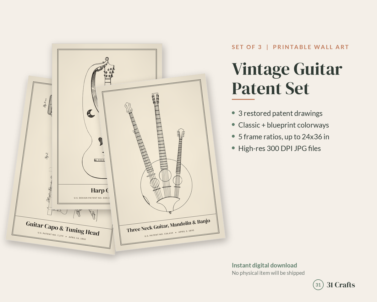 Guitar Patent Print Set of 3, Banjo Mandolin Blueprint Wall Art, Printable Musician Gift