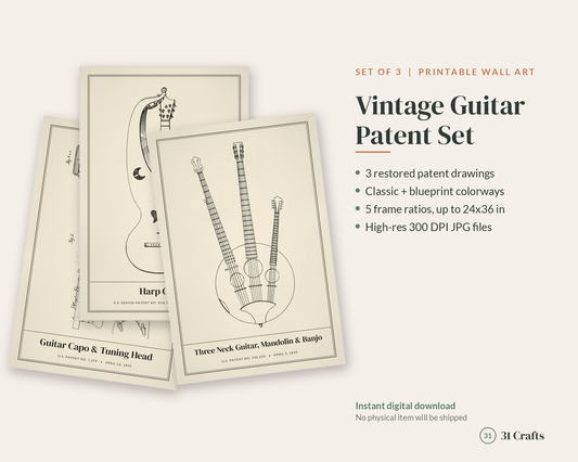 Guitar Patent Print Set of 3, Banjo Mandolin Blueprint Wall Art, Printable Musician Gift