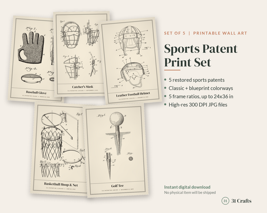 Printable Sports Patent Set of 5, Baseball Football Basketball Golf Wall Art, Christmas Gift