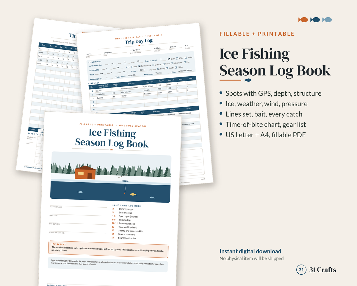Ice Fishing Log Book, Fillable Ice Fishing Journal, Season Catch Record, Printable PDF