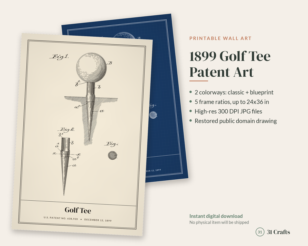 1899 Golf Tee Patent Print, Vintage Golf Wall Art, Printable Golfer Gift for Dad