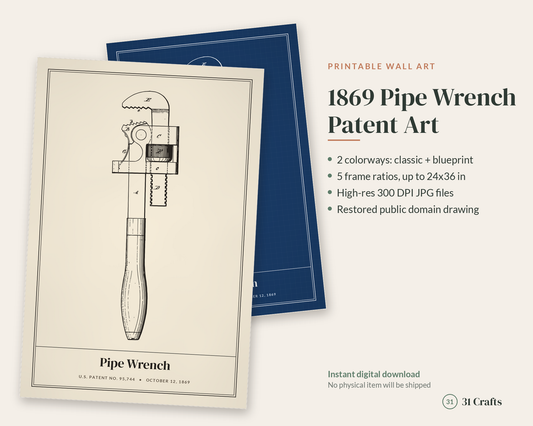1869 Pipe Wrench Patent Print, Vintage Tool Blueprint Wall Art, Printable Plumber Gift