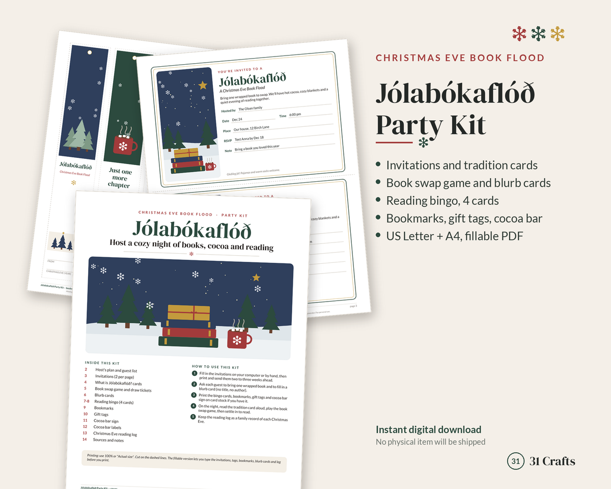 Jólabókaflóð Christmas Eve Book Flood Party Kit, Book Exchange Game, Reading Bingo, Bookmarks, Printable