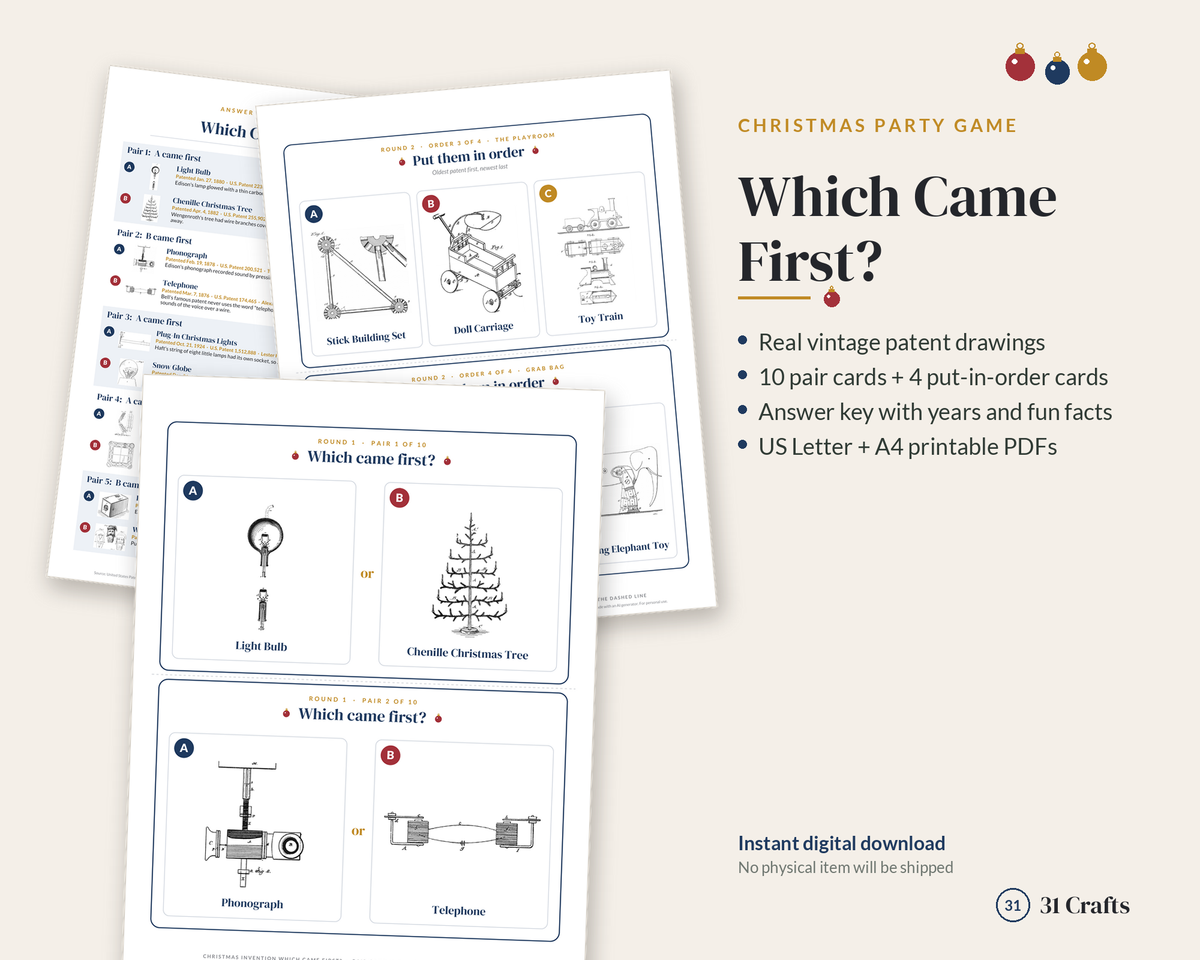 Christmas Which Came First Game Printable, Vintage Invention Patent Drawings, Family Party Trivia PDF